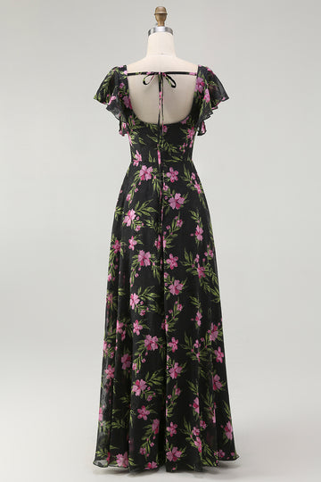 Black Pink Floral A Line Square Neck Short Sleeves Bridesmaid Dress